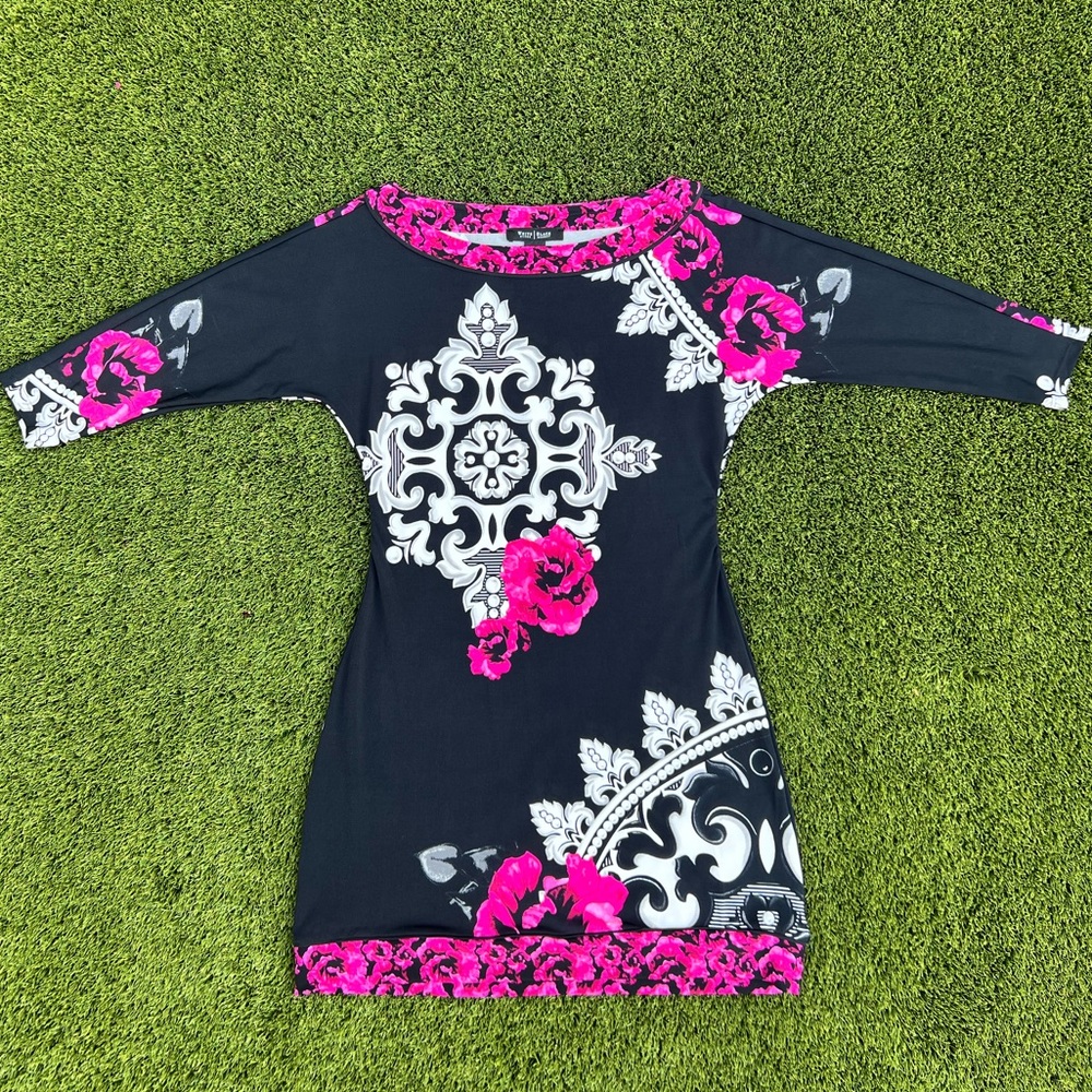 LOT OF 2 WHBM Boat Neck Shift Dress ¾ Sleeves Pink Floral Size XS and Necklace